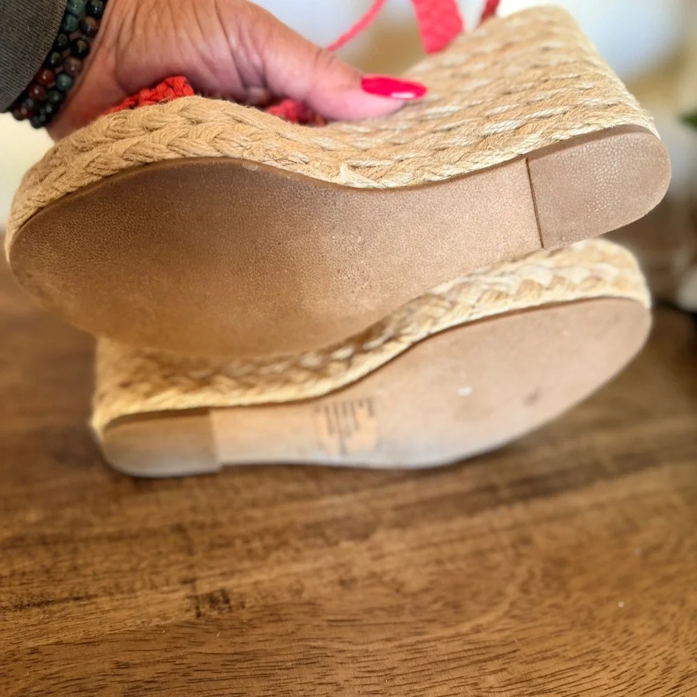 Steve Madden Manngo Wedge Sandal Womens 8 Coral Red Macrame Espadrille Boho Heel